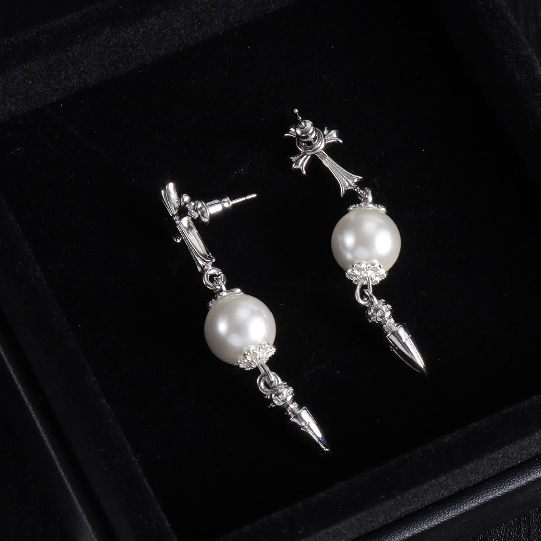 Chrome Hearts Silver Cross and Pearl Earrings